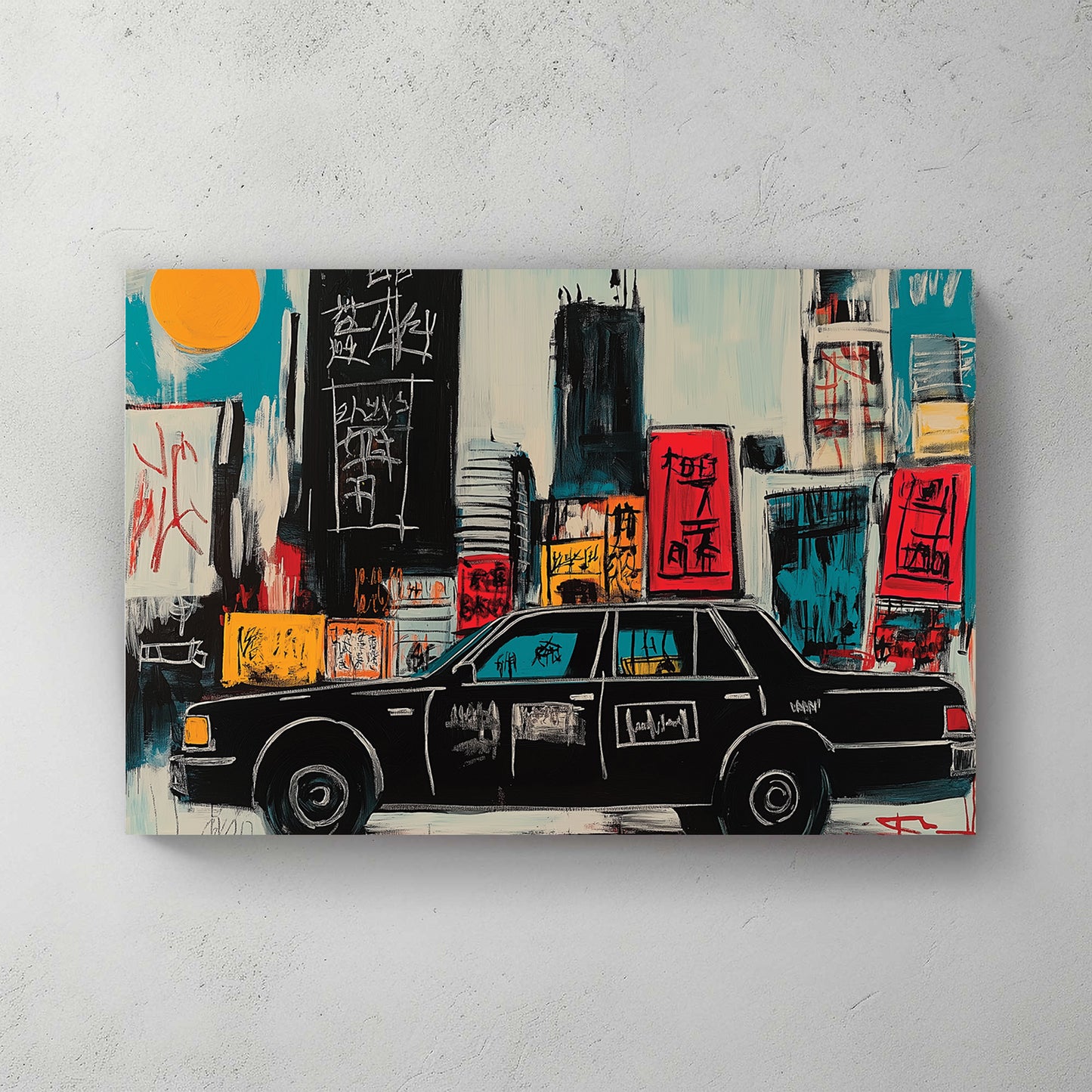 Black NYC taxi in painted pop art style, graffiti city background with Asian text, yellow sun, red and teal accents — canvas wall art print