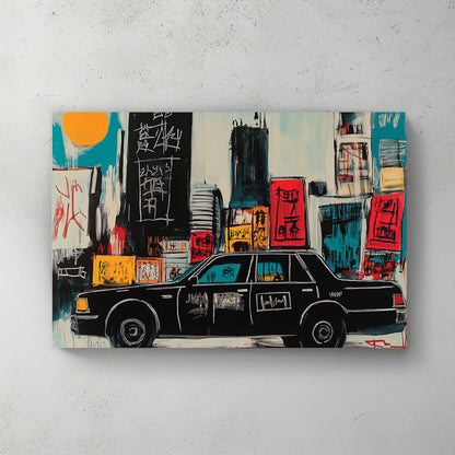 Black NYC taxi in painted pop art style, graffiti city background with Asian text, yellow sun, red and teal accents — canvas wall art print