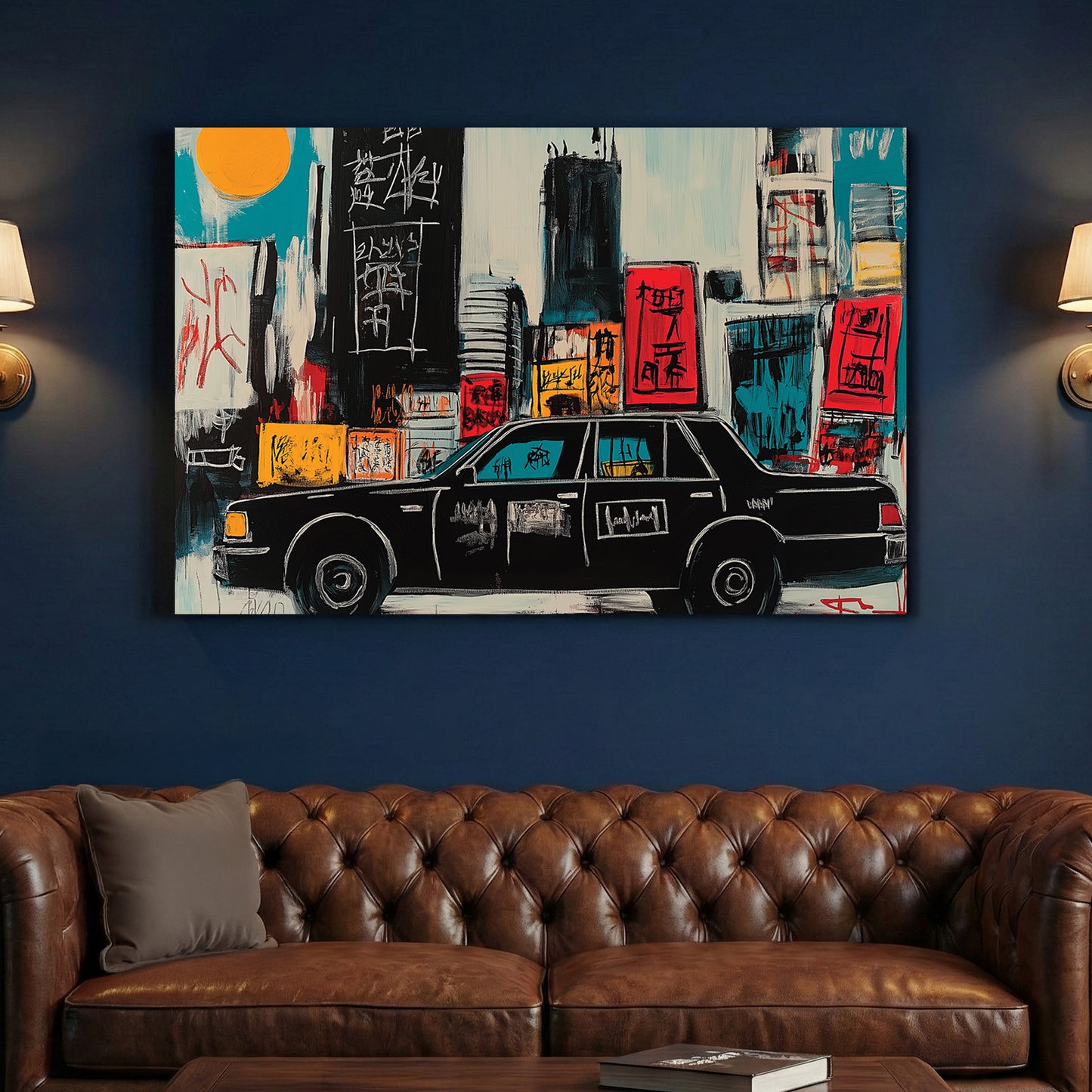 New York Yellow Taxi Pop Art canvas wall art print above a sofa in a contemporary living room