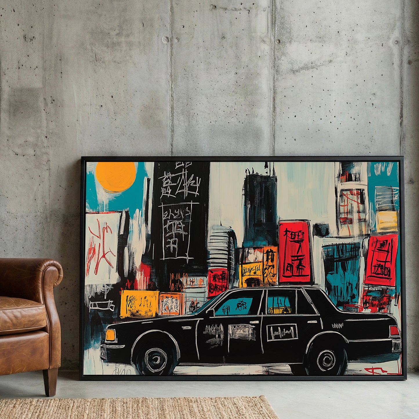 New York Yellow Taxi Pop Art framed canvas wall art print in a gallery-style display
