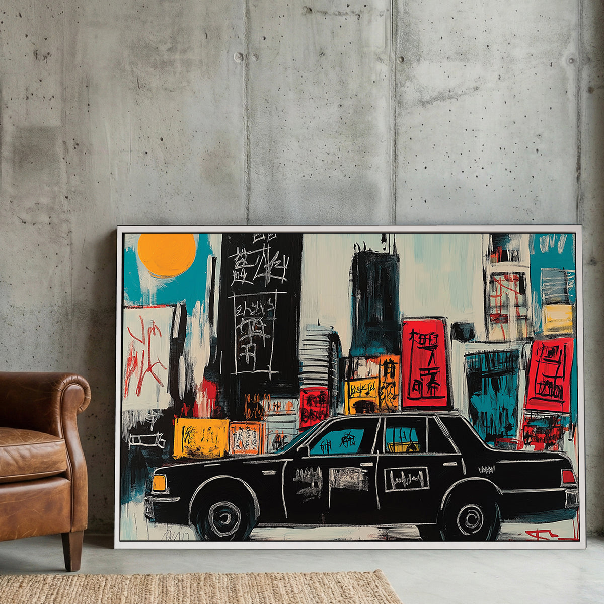 New York Yellow Taxi Pop Art canvas wall art print displayed in a styled living room