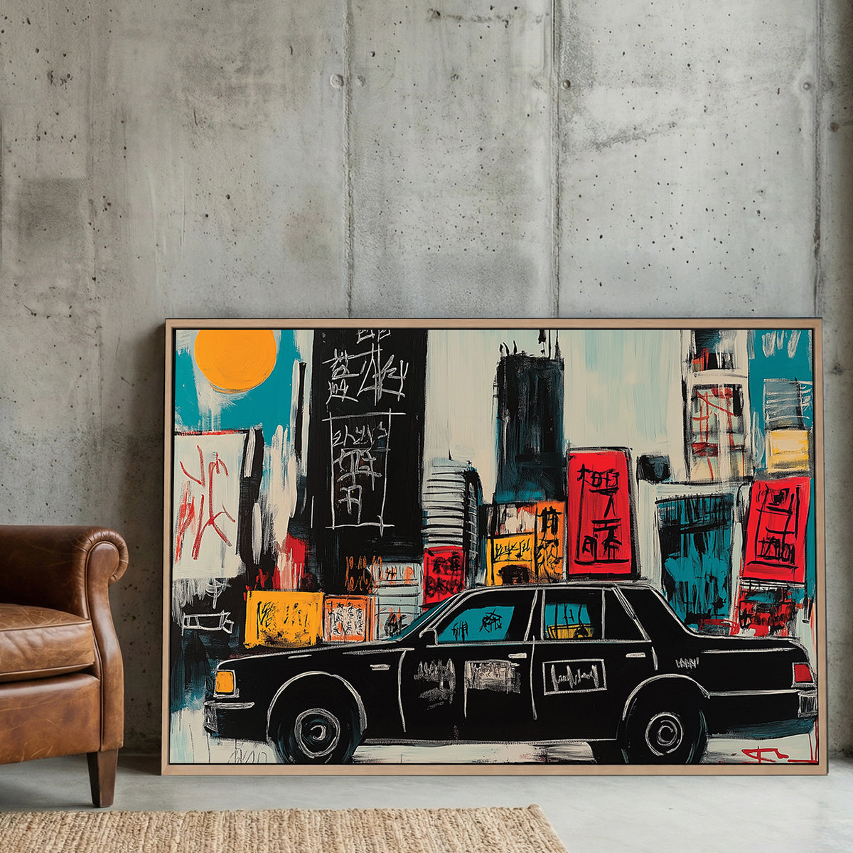 New York Yellow Taxi Pop Art canvas wall art print displayed in a styled living room