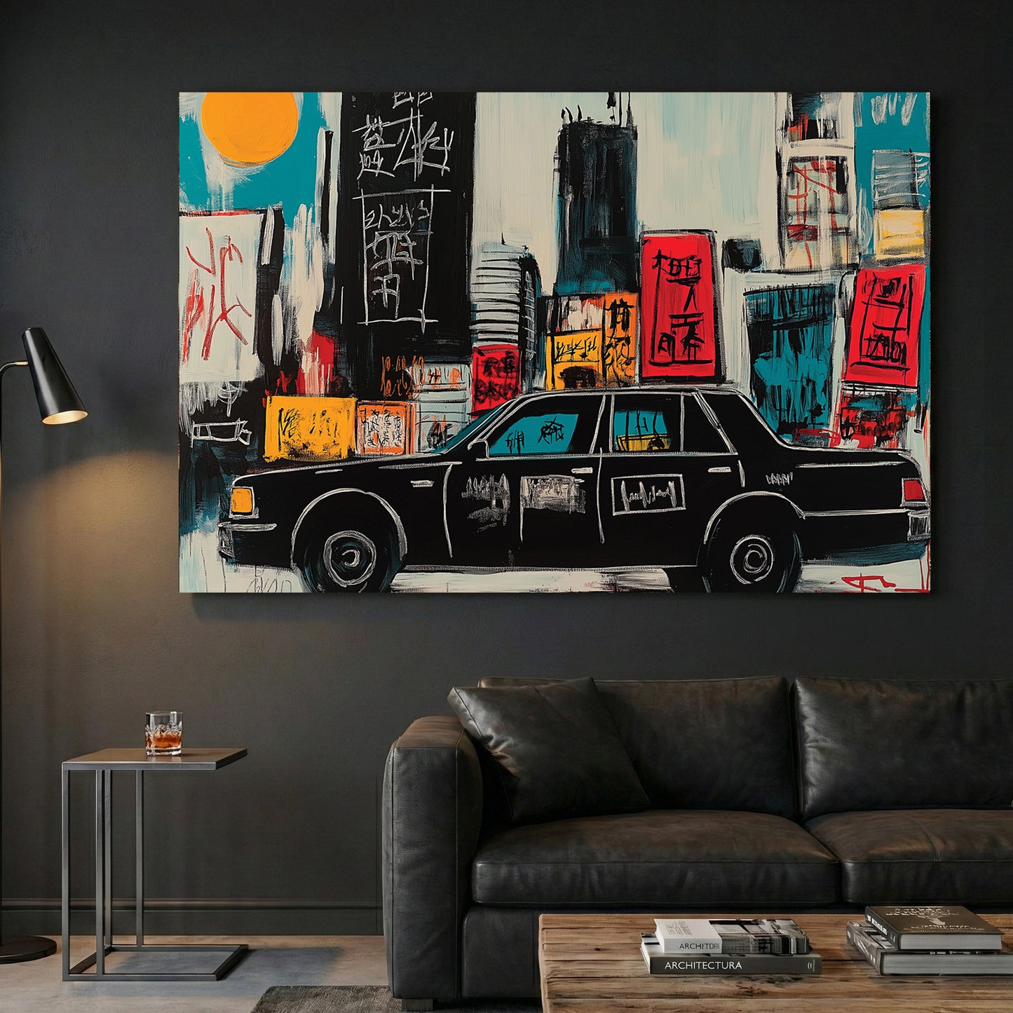 New York Yellow Taxi Pop Art canvas wall art print displayed in a styled living room