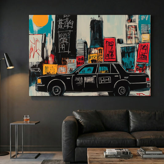 New York Yellow Taxi Pop Art canvas wall art print displayed in a styled living room