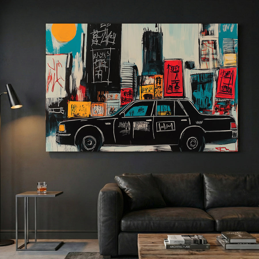 New York Yellow Taxi Pop Art canvas wall art print displayed in a styled living room