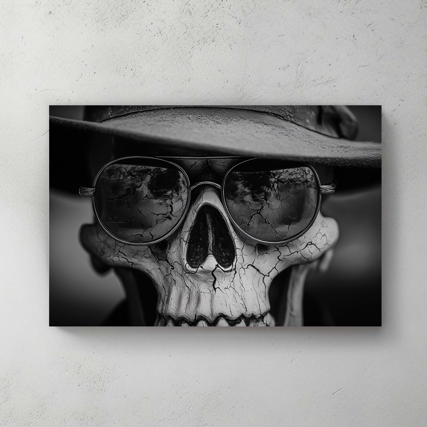 Black and white photograph-style skull wearing fedora hat and aviator sunglasses, cracked texture skull, moody noir aesthetic — canvas wall art print