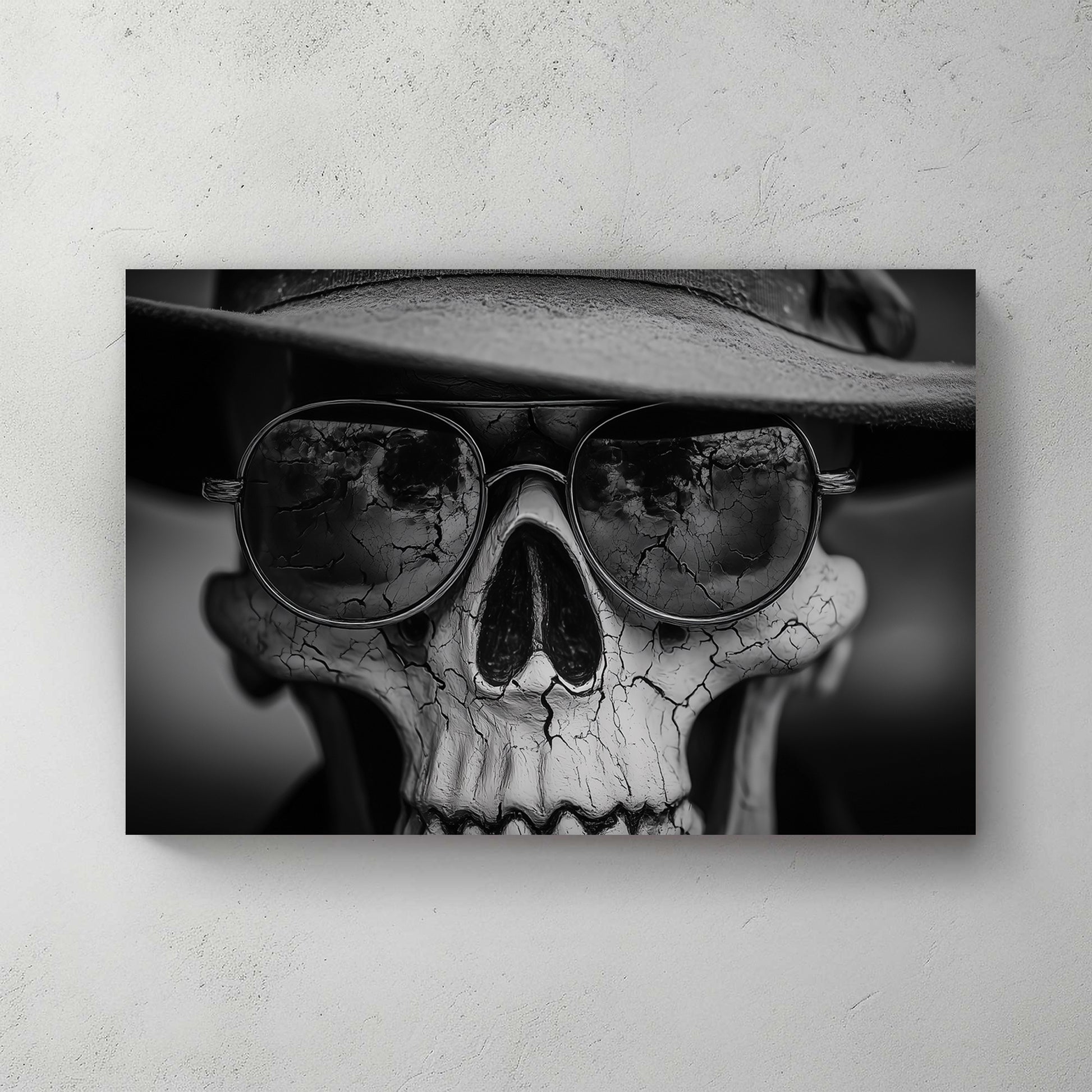 Black and white photograph-style skull wearing fedora hat and aviator sunglasses, cracked texture skull, moody noir aesthetic — canvas wall art print