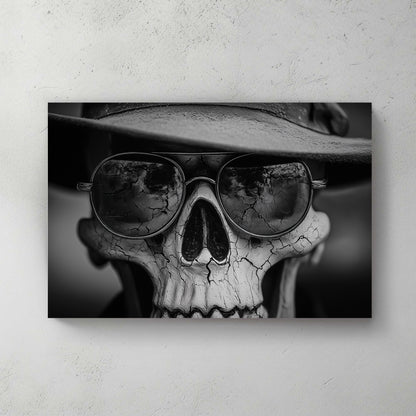 Black and white photograph-style skull wearing fedora hat and aviator sunglasses, cracked texture skull, moody noir aesthetic — canvas wall art print