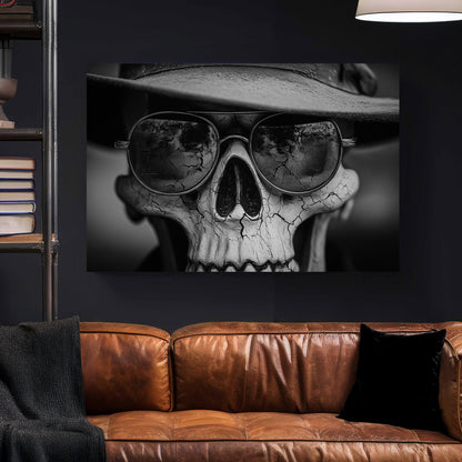 Skull Sunglasses Hat Black and White canvas wall art print styled in a modern interior