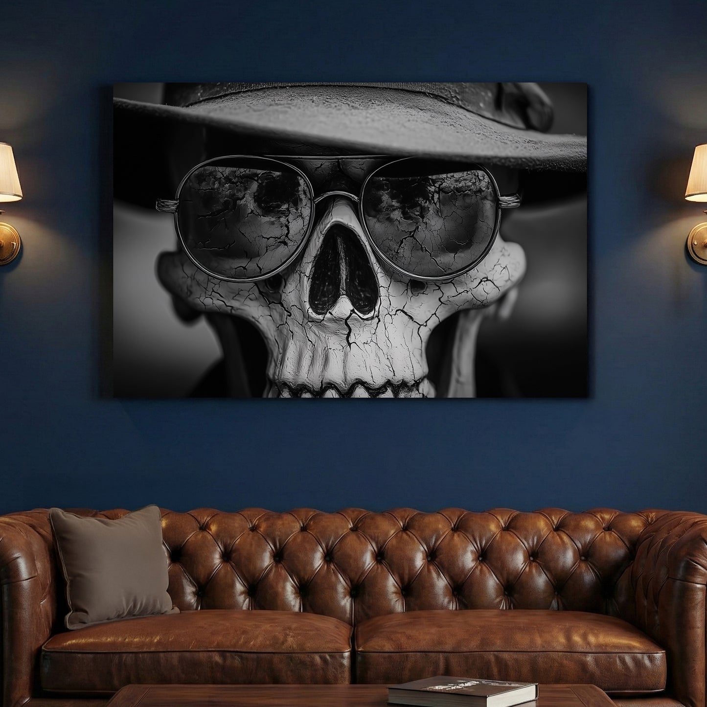 Skull Sunglasses Hat Black and White canvas wall art print above a sofa in a contemporary living room