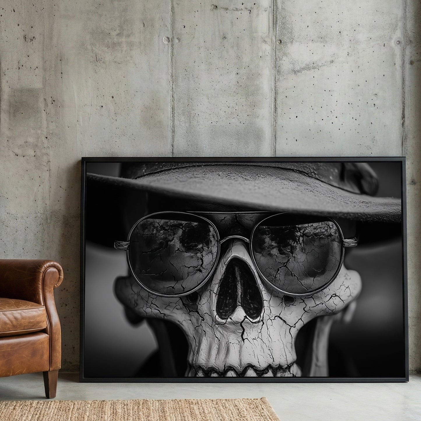 Skull Sunglasses Hat Black and White framed canvas wall art print in a gallery-style display