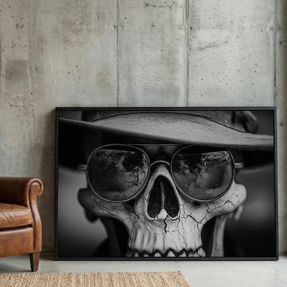 Skull Sunglasses Hat Black and White framed canvas wall art print in a gallery-style display