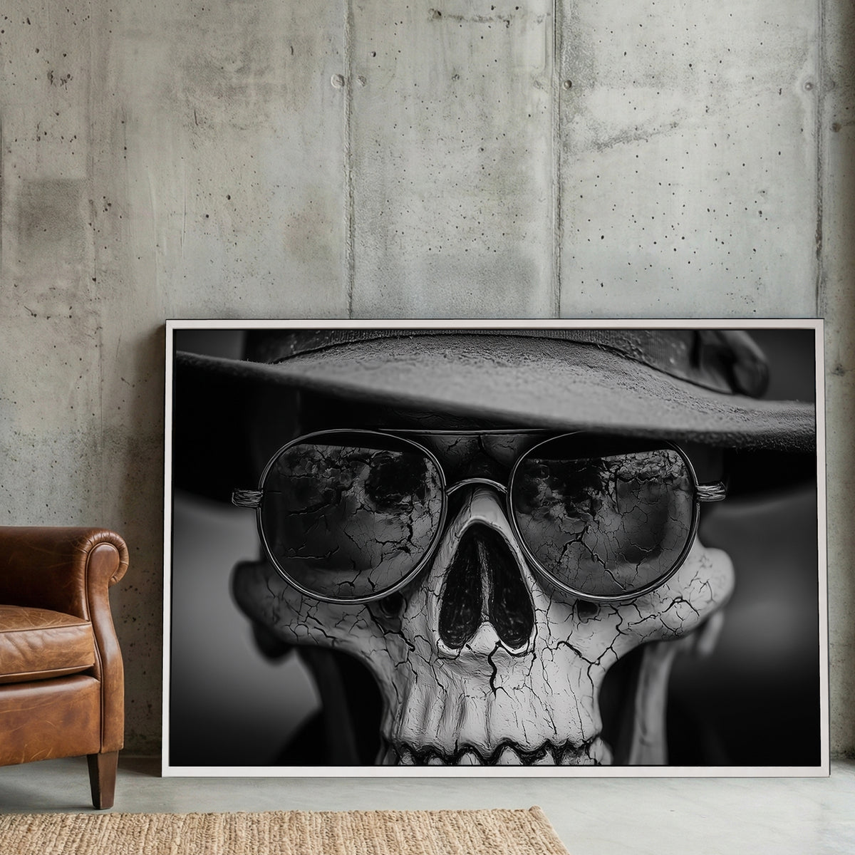 Skull Sunglasses Hat Black and White canvas wall art print displayed in a styled living room