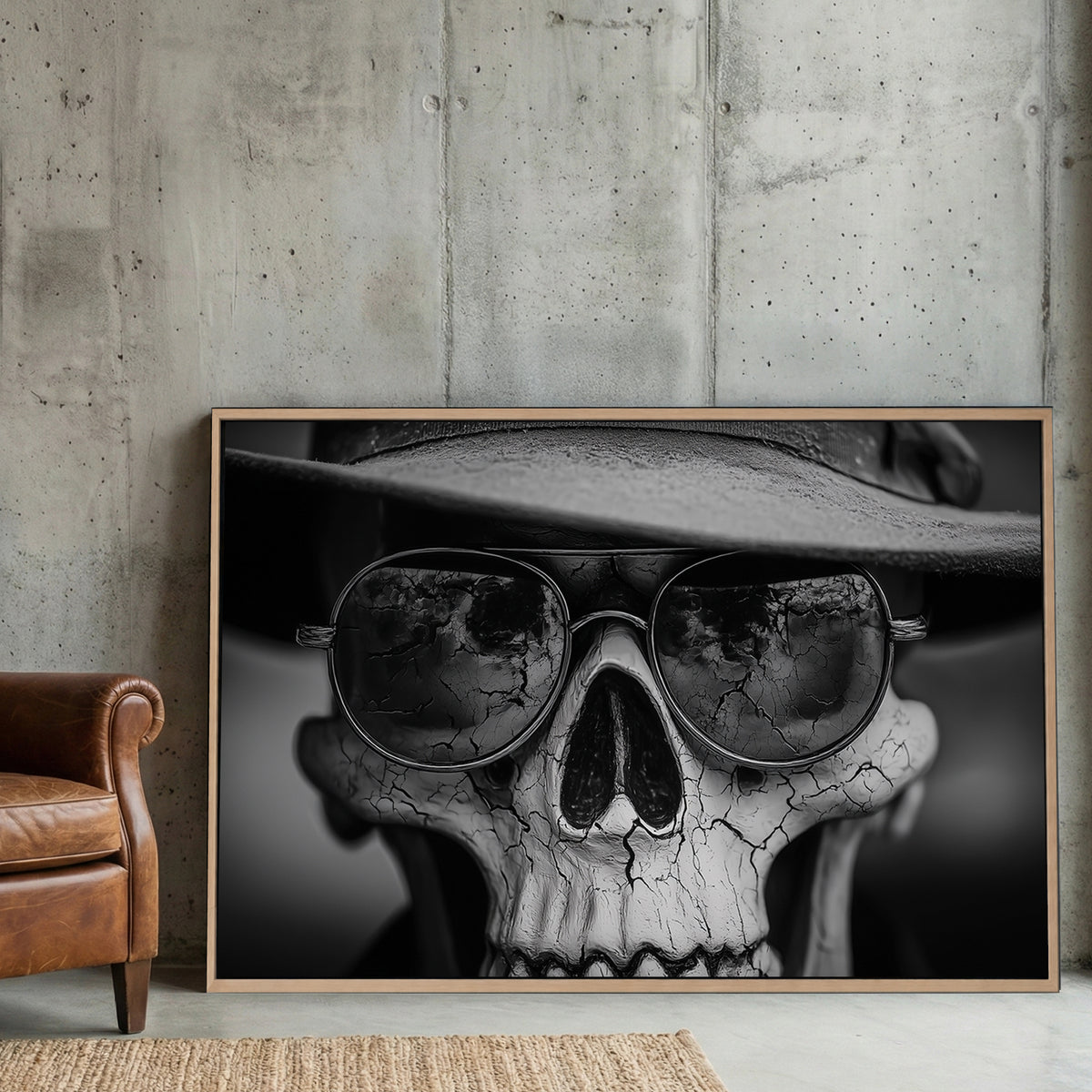 Skull Sunglasses Hat Black and White canvas wall art print displayed in a styled living room