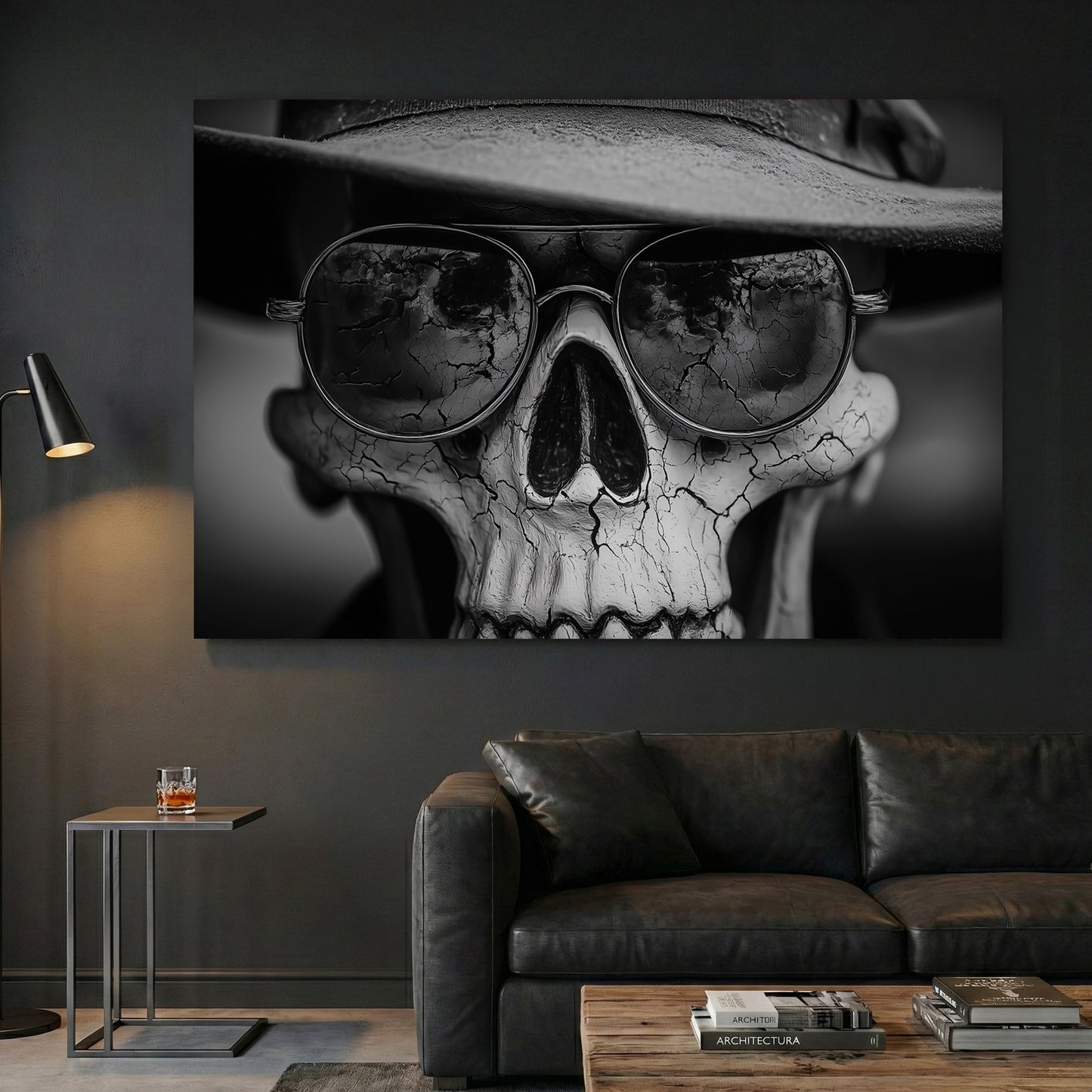Skull Sunglasses Hat Black and White canvas wall art print displayed in a styled living room