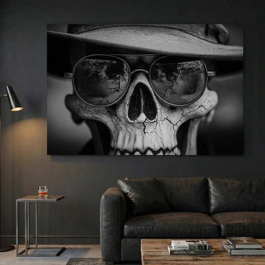 Skull Sunglasses Hat Black and White canvas wall art print displayed in a styled living room
