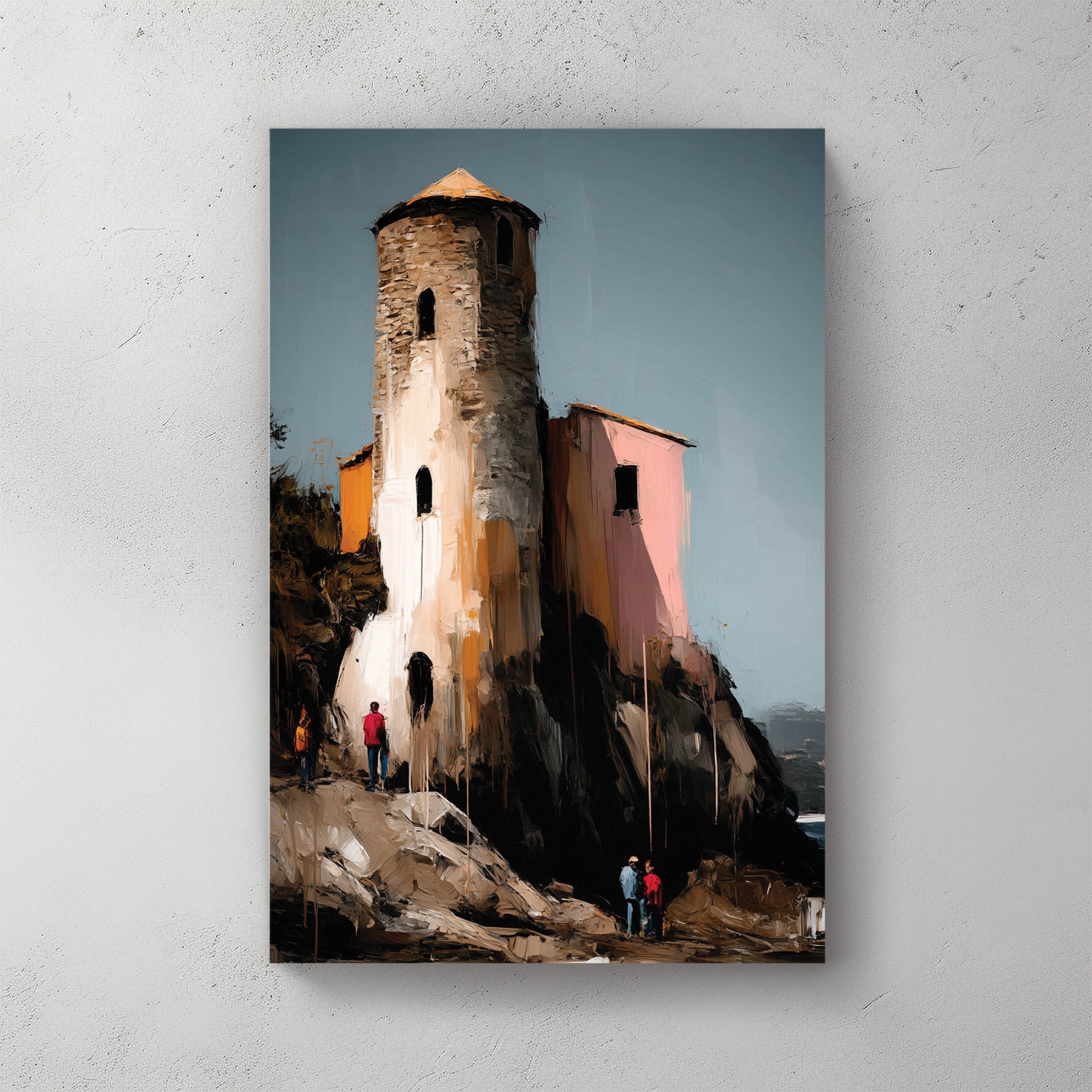 Mediterranean coastal scene with stone watchtower on a cliff, pink and orange buildings, small figures at the base, oil painting style with palette knife strokes, warm afternoon light — canvas wall art print