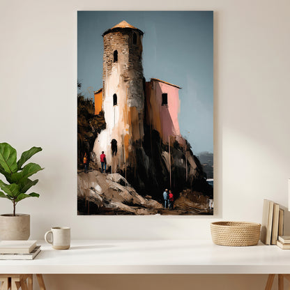 Mediterranean Coastal Stone Tower canvas wall art print styled in a modern interior