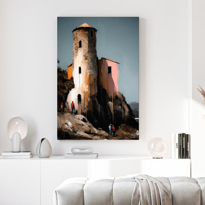 Mediterranean Coastal Stone Tower canvas wall art print above a sofa in a contemporary living room