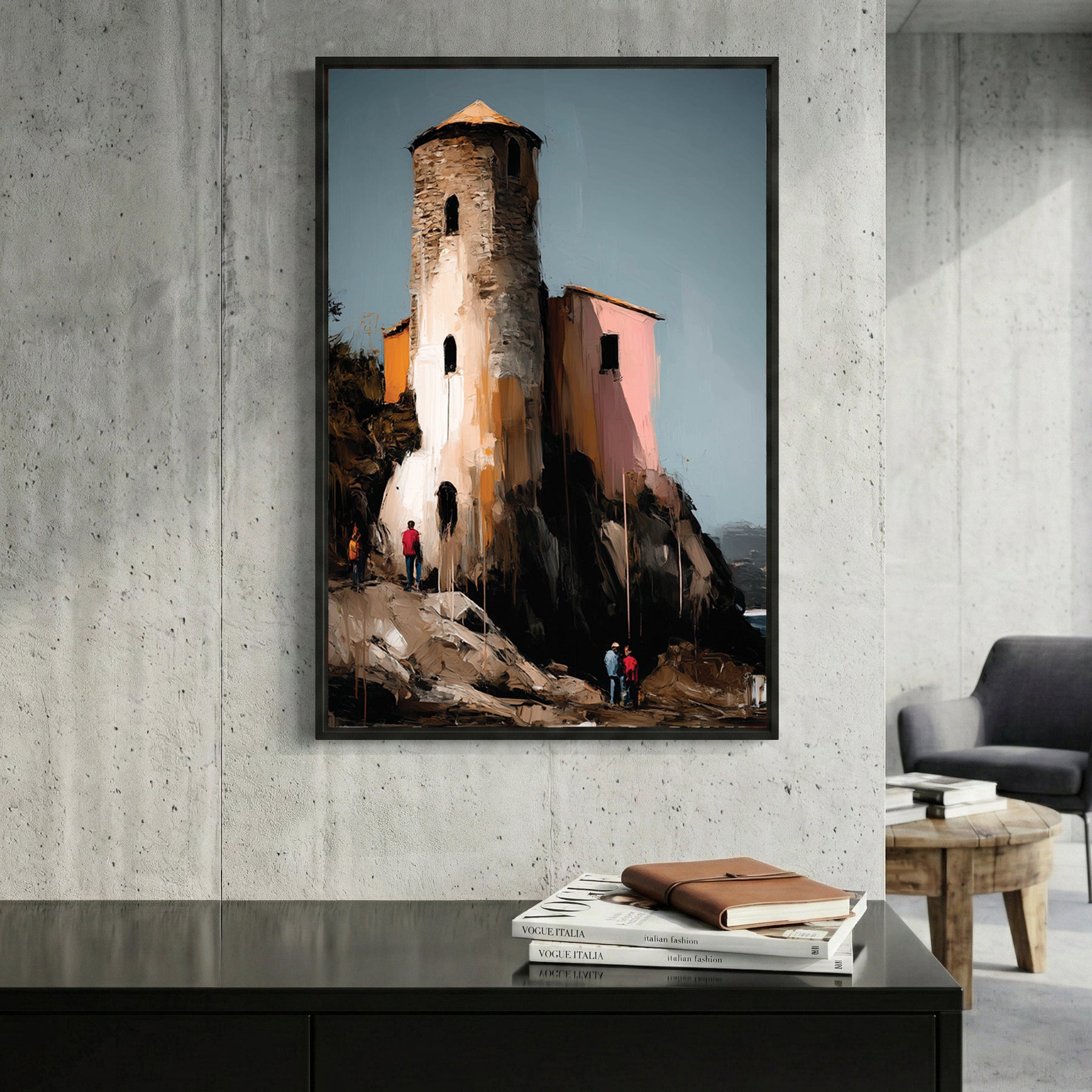 Mediterranean Coastal Stone Tower framed canvas wall art print in a gallery-style display