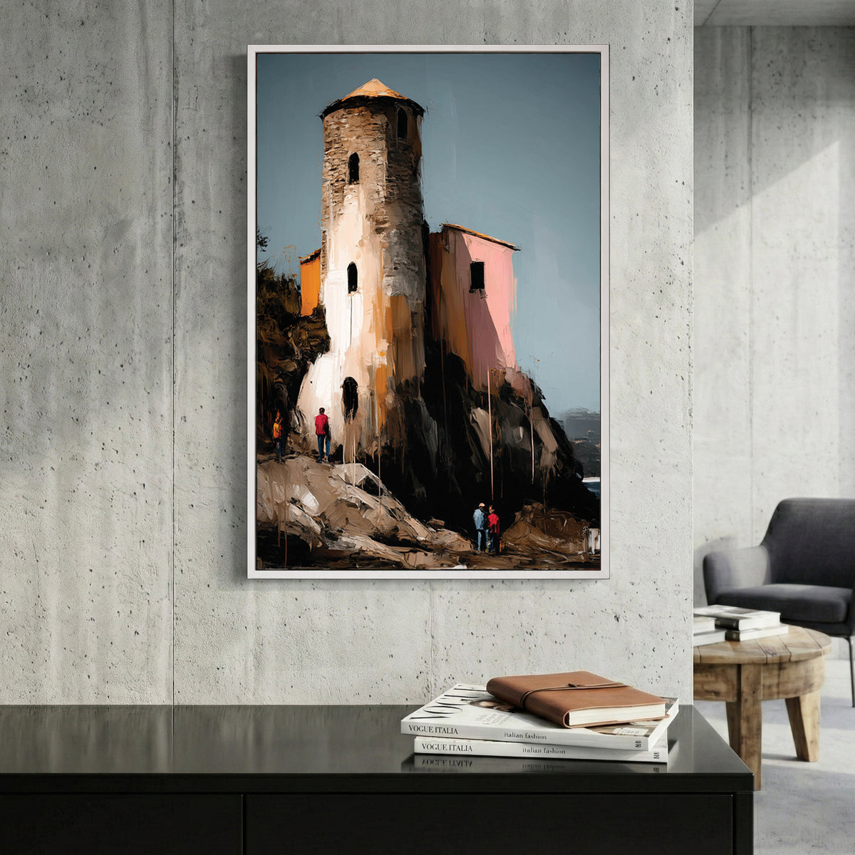Mediterranean Coastal Stone Tower canvas wall art print displayed in a styled living room