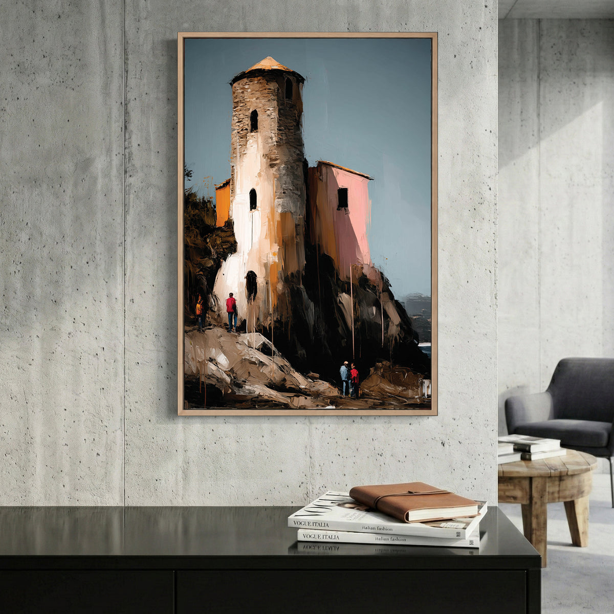 Mediterranean Coastal Stone Tower canvas wall art print displayed in a styled living room