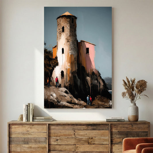 Mediterranean Coastal Stone Tower canvas wall art print displayed in a styled living room
