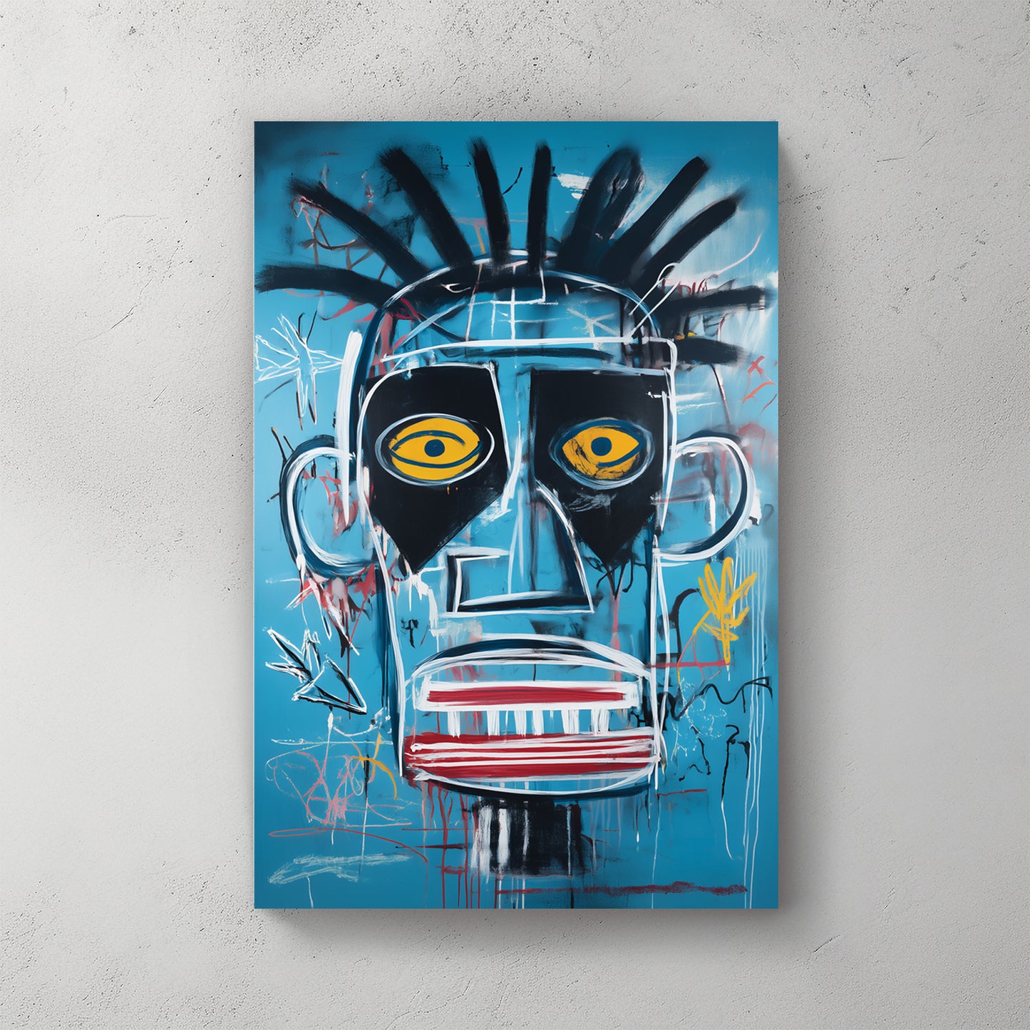 Basquiat-style portrait, blue background, dark face with yellow eyes, crown-shaped hair, red and white striped collar, raw graffiti style — canvas wall art print