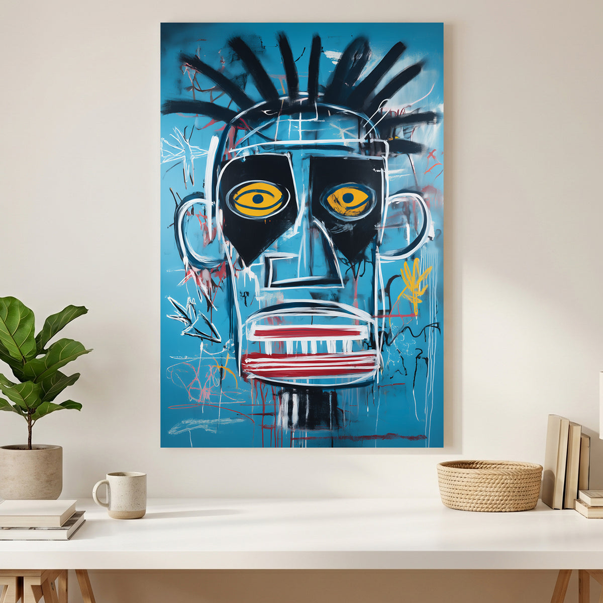 Basquiat Style Blue Face Pop Art canvas wall art print styled in a modern interior