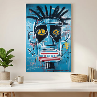 Basquiat Style Blue Face Pop Art canvas wall art print styled in a modern interior