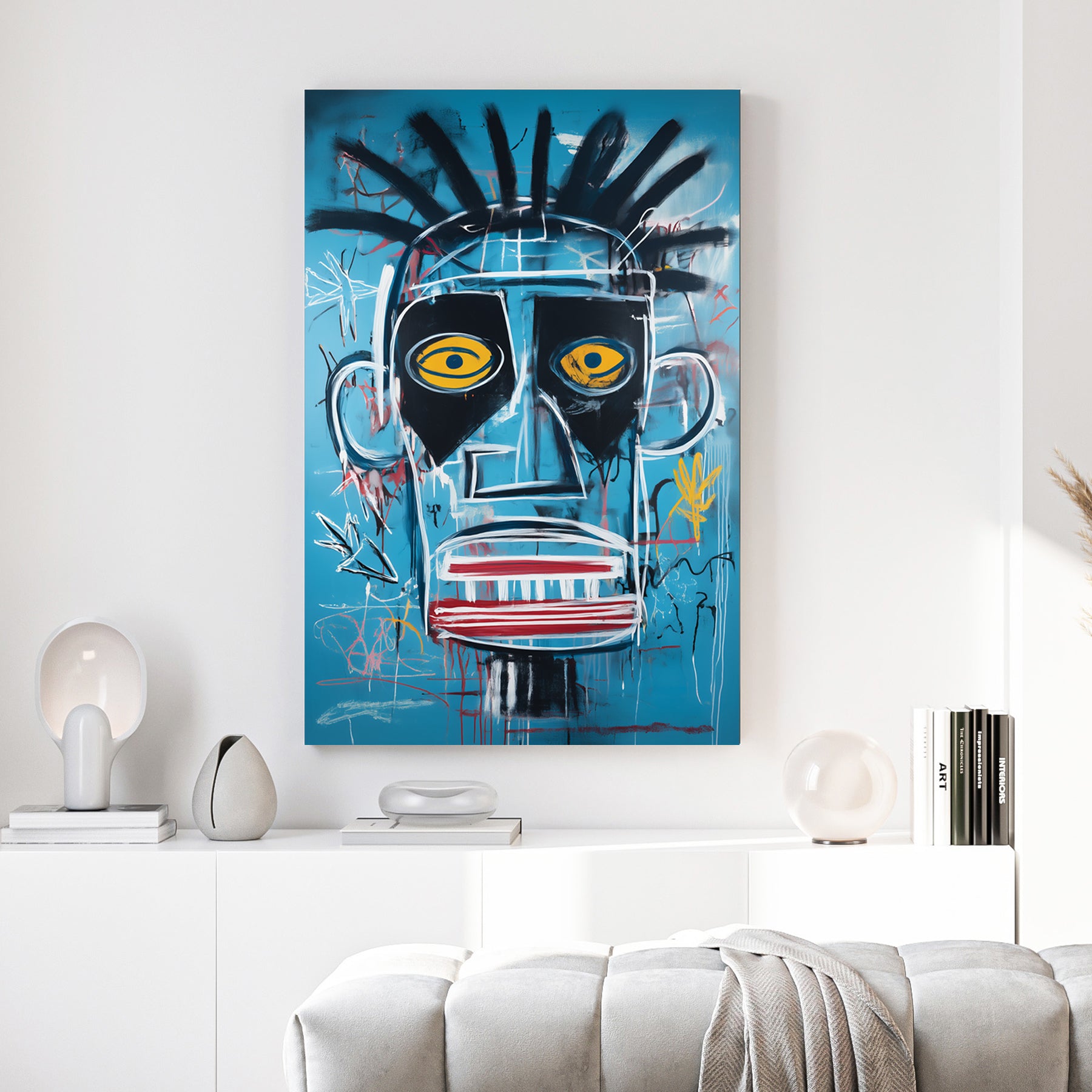 Basquiat Style Blue Face Pop Art canvas wall art print above a sofa in a contemporary living room