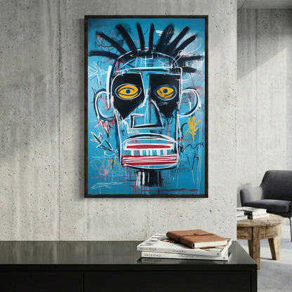 Basquiat Style Blue Face Pop Art framed canvas wall art print in a gallery-style display
