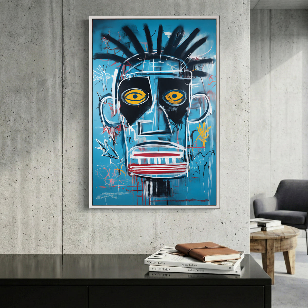 Basquiat Style Blue Face Pop Art canvas wall art print displayed in a styled living room