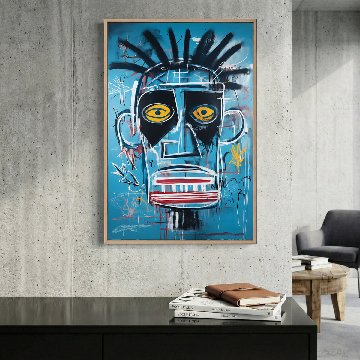 Basquiat Style Blue Face Pop Art canvas wall art print displayed in a styled living room