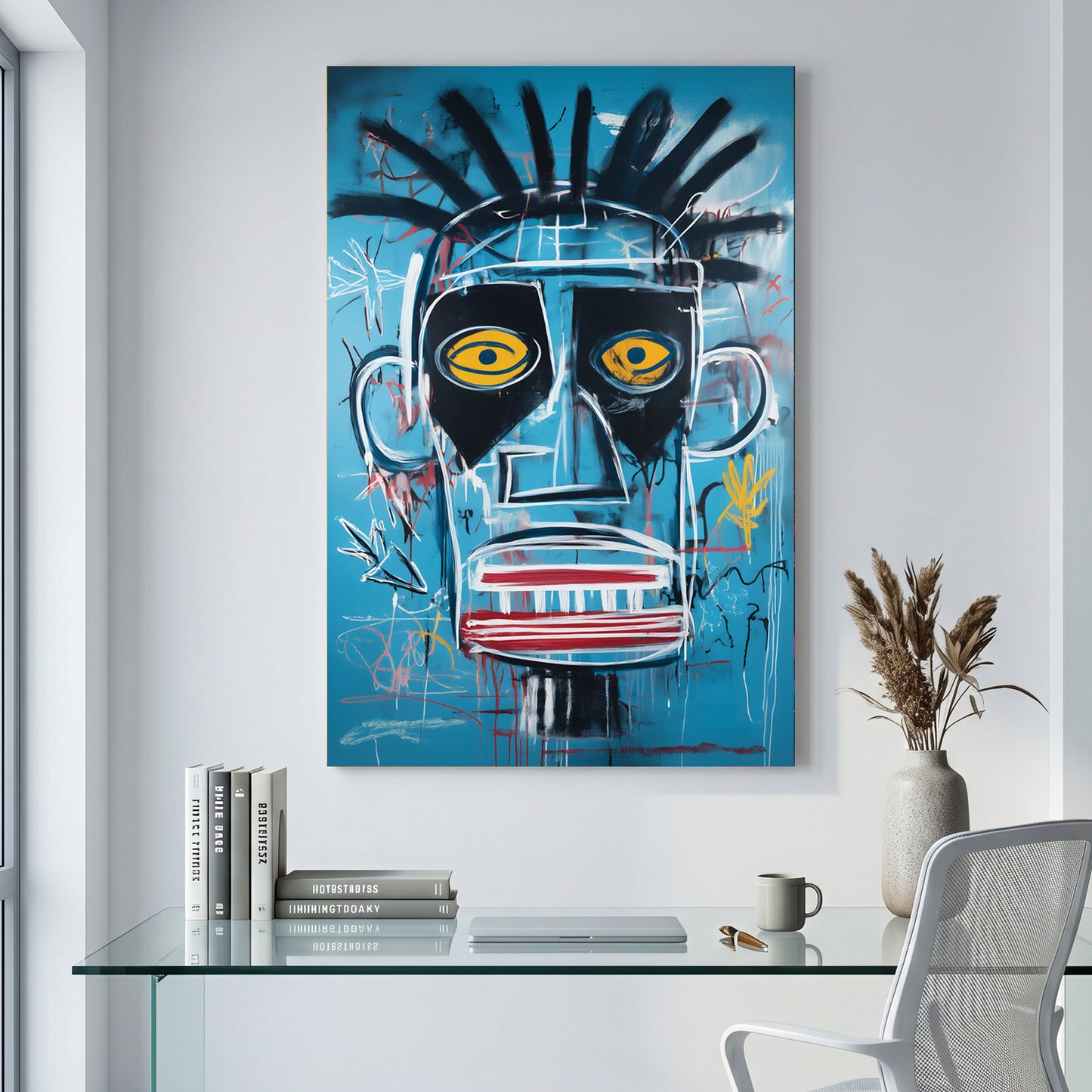 Basquiat Style Blue Face Pop Art canvas wall art print displayed in a styled living room