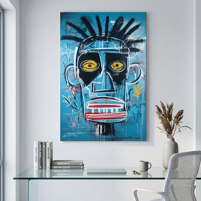 Basquiat Style Blue Face Pop Art canvas wall art print displayed in a styled living room