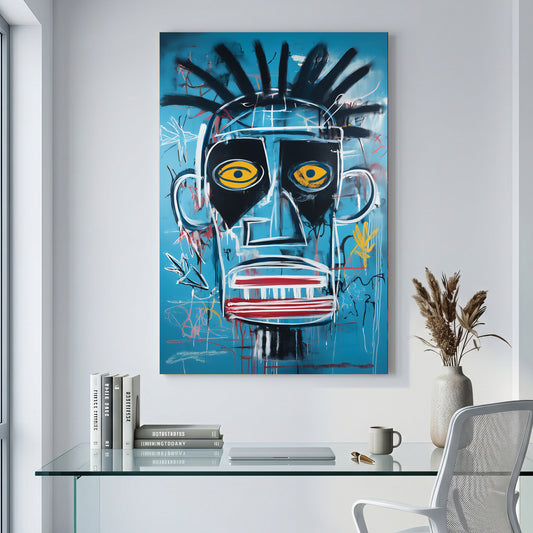 Basquiat Style Blue Face Pop Art canvas wall art print displayed in a styled living room