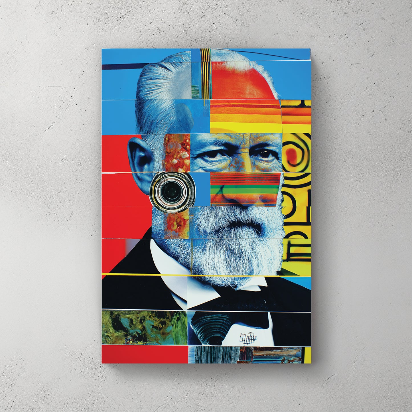 Pop art bearded man; collage of blocks; bright primary colours; multiple eyes and patterns — canvas wall art print