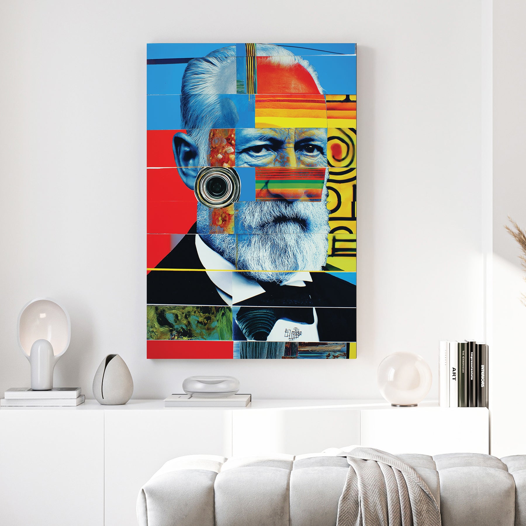 Pop Art Bearded Man Portrait canvas wall art print above a sofa in a contemporary living room