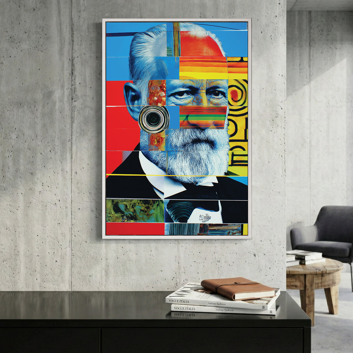 Pop Art Bearded Man Portrait canvas wall art print displayed in a styled living room