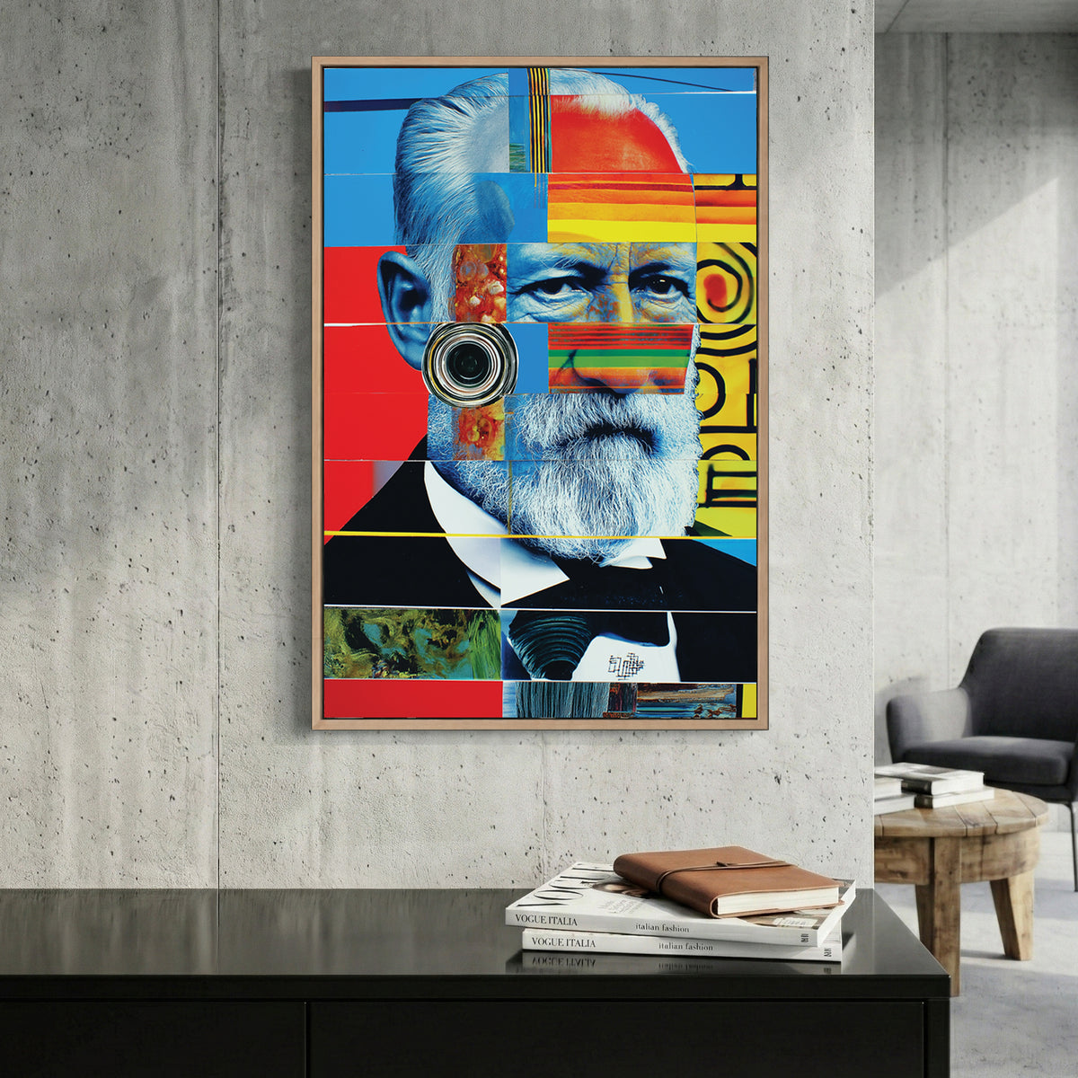 Pop Art Bearded Man Portrait canvas wall art print displayed in a styled living room