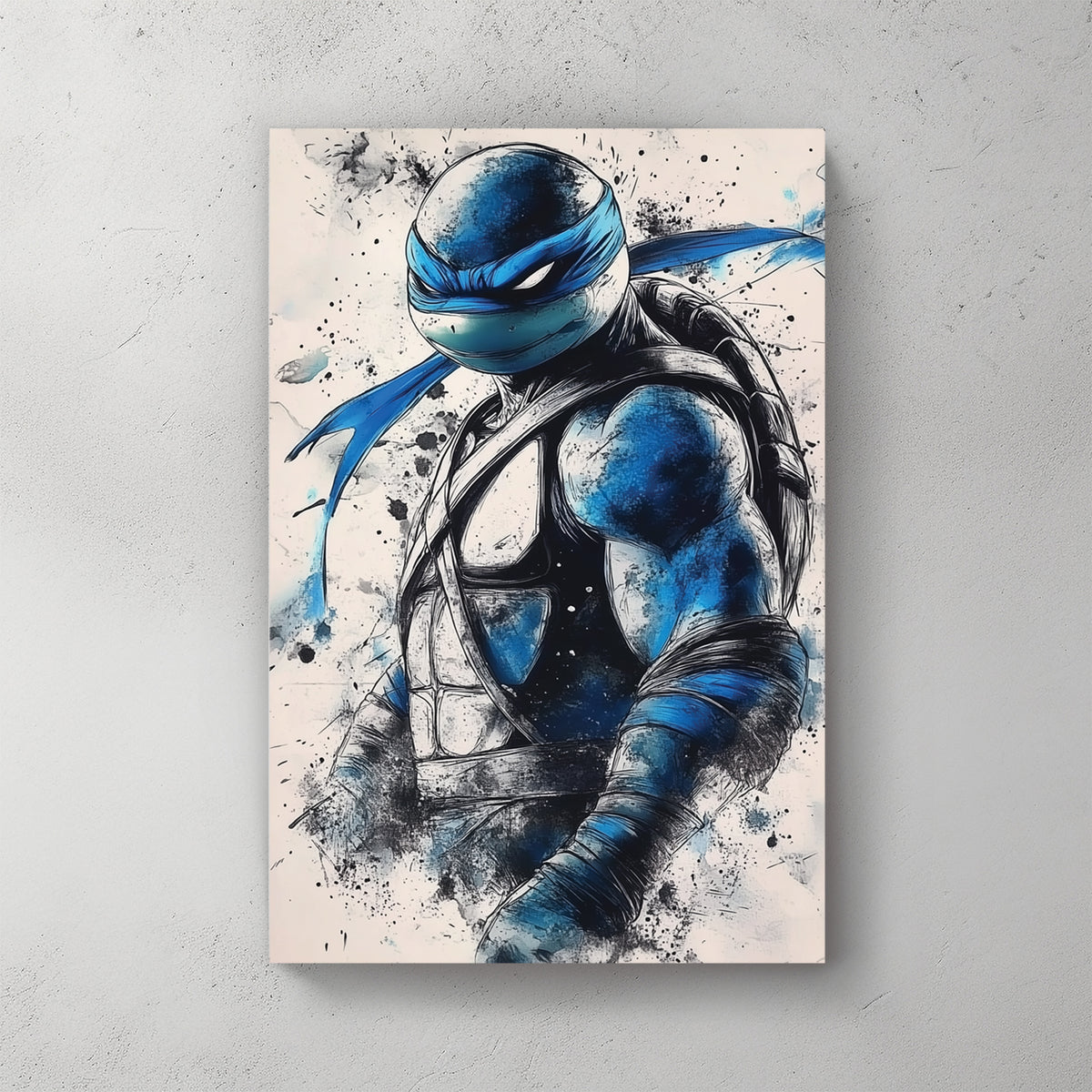 Leonardo Ninja Turtle with blue mask, expressive paint splatter, dynamic pose — canvas wall art print