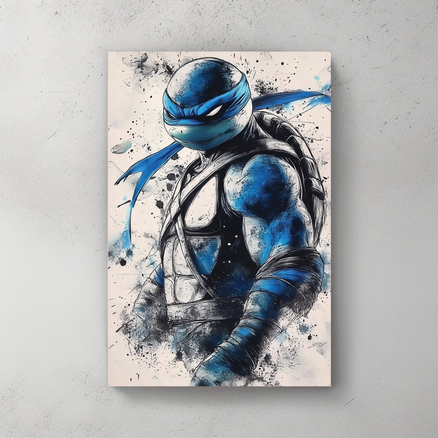 Leonardo Ninja Turtle with blue mask, expressive paint splatter, dynamic pose — canvas wall art print