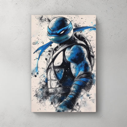 Leonardo Ninja Turtle with blue mask, expressive paint splatter, dynamic pose — canvas wall art print