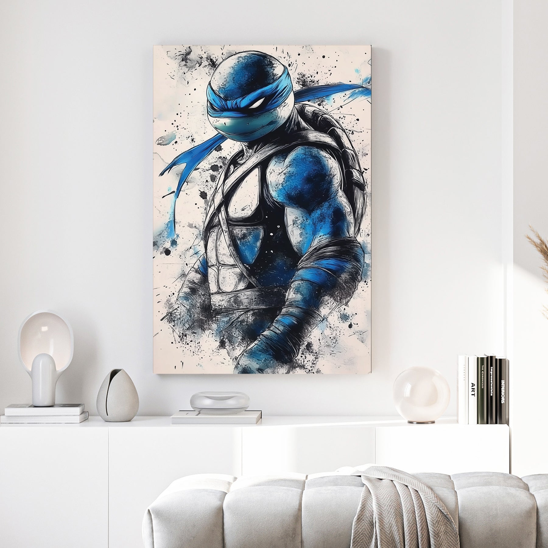 Leonardo Ninja Turtle Blue Mask canvas wall art print above a sofa in a contemporary living room