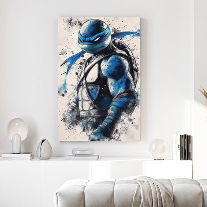 Leonardo Ninja Turtle Blue Mask canvas wall art print above a sofa in a contemporary living room