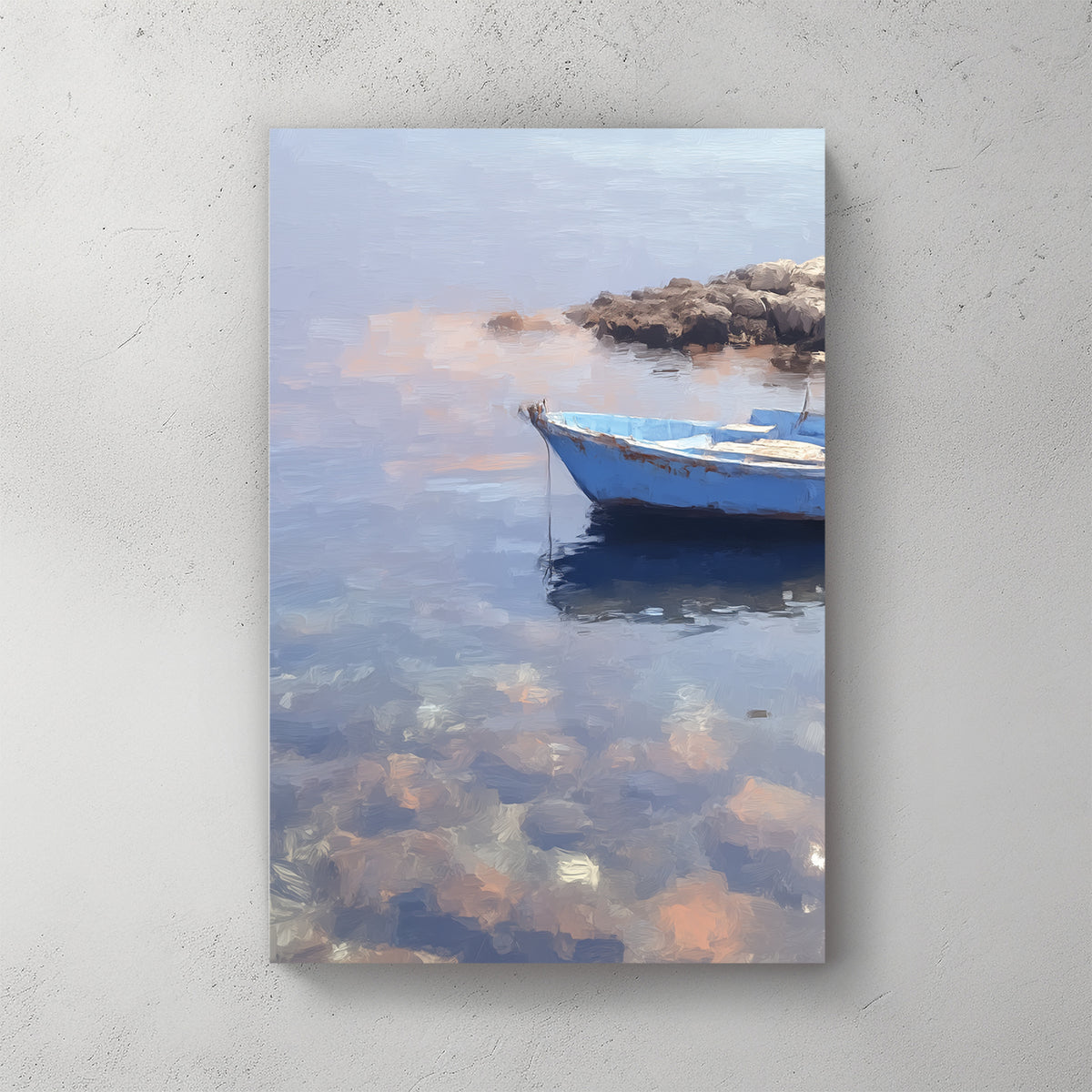 Mediterranean blue rowboat on clear shallow water, rocks visible through water, soft oil painting style, pebbly bottom — canvas wall art print