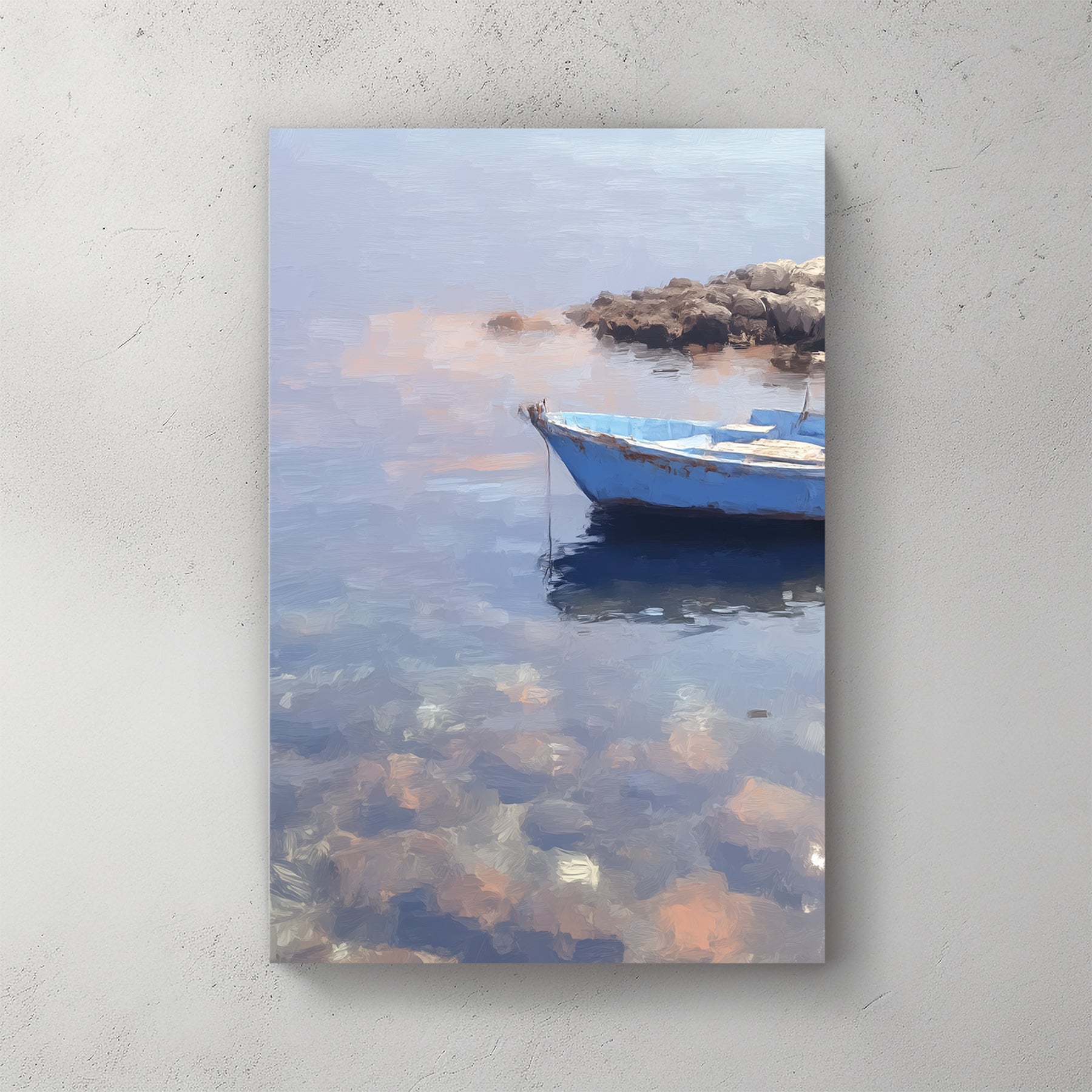 Mediterranean blue rowboat on clear shallow water, rocks visible through water, soft oil painting style, pebbly bottom — canvas wall art print