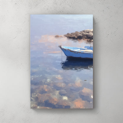 Mediterranean blue rowboat on clear shallow water, rocks visible through water, soft oil painting style, pebbly bottom — canvas wall art print