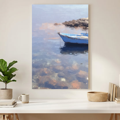 Mediterranean Blue Rowboat Coastal Painting canvas wall art print styled in a modern interior